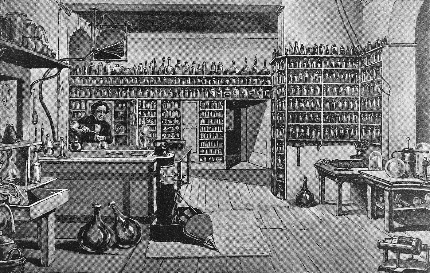 Michael Faraday at work in his basement laboratory at the Royal Institution, London