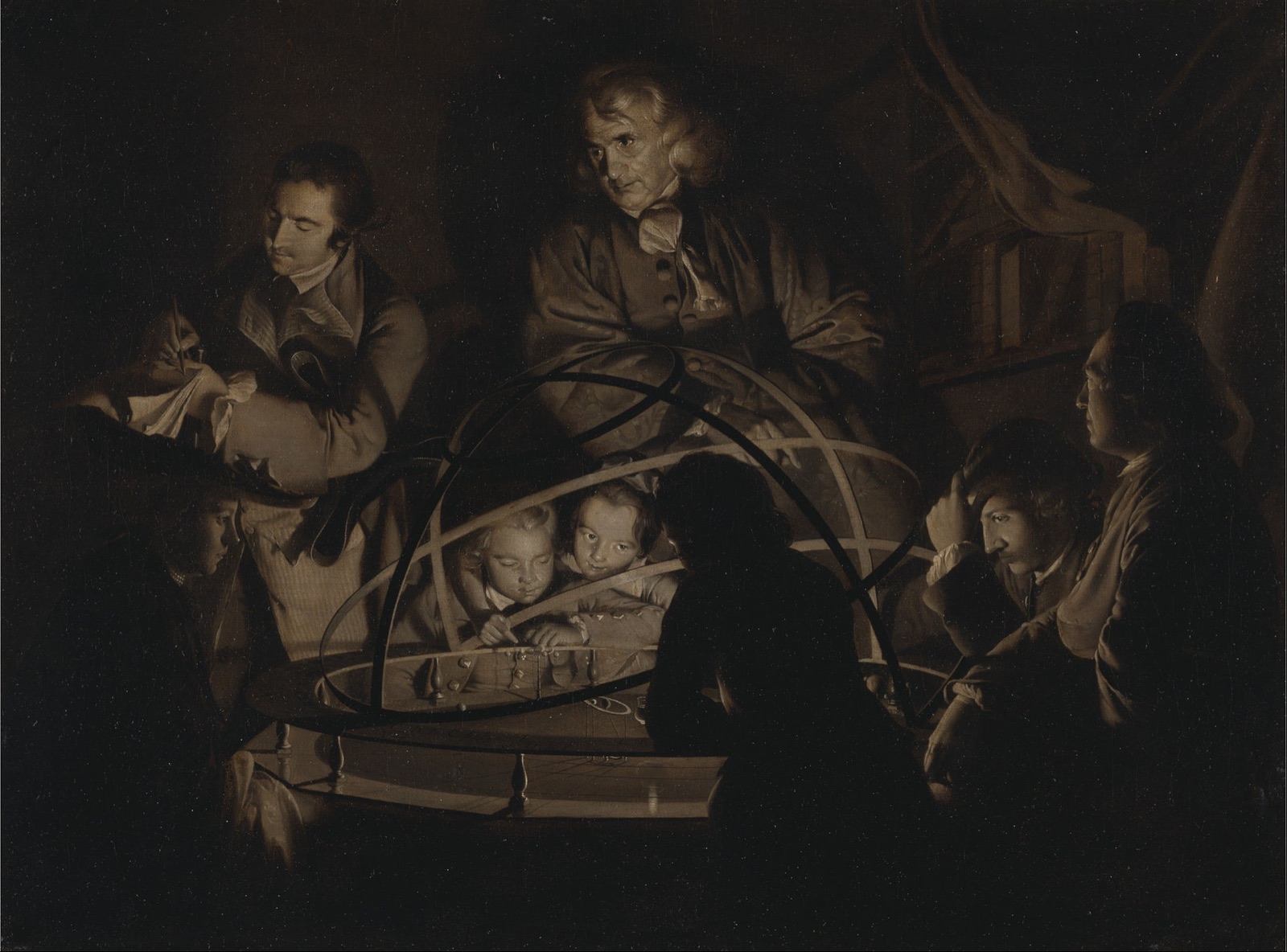 Joseph Wright of Derby — A Philosopher Giving a Lecture on the Orrery, faces lit by lamplight around a model of the solar system